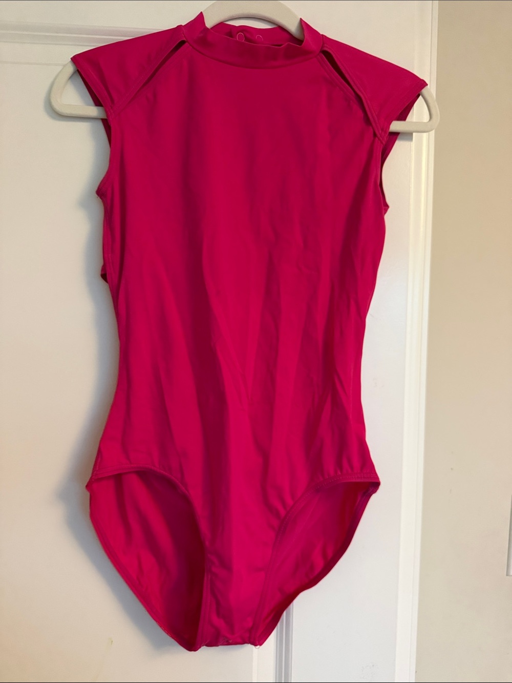 balera Bright Pink Cap Sleeve One-Piece Leotard. Cutout back. Adult Medium
